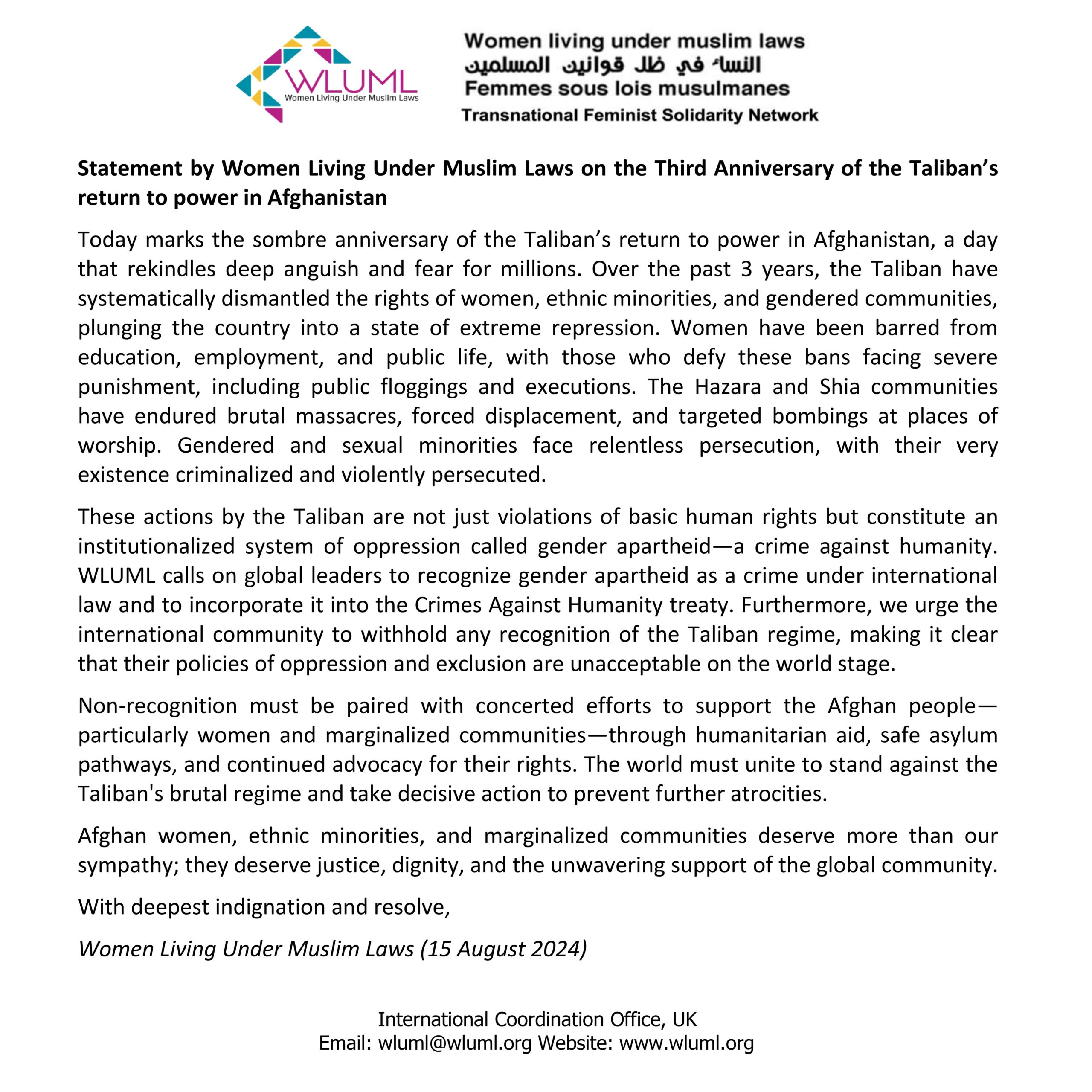 Statement by Women Living Under Muslim Laws on the Third Anniversary of the Taliban’s return to power in Afghanistan