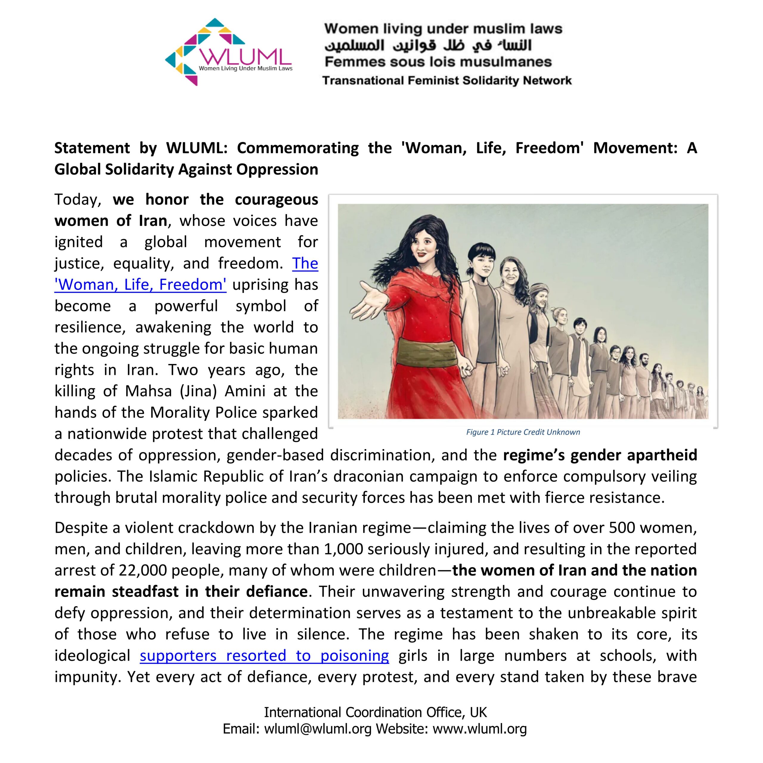 Statement by WLUML: Commemorating the ‘Woman, Life, Freedom’ Movement: A Global Solidarity Against Oppression