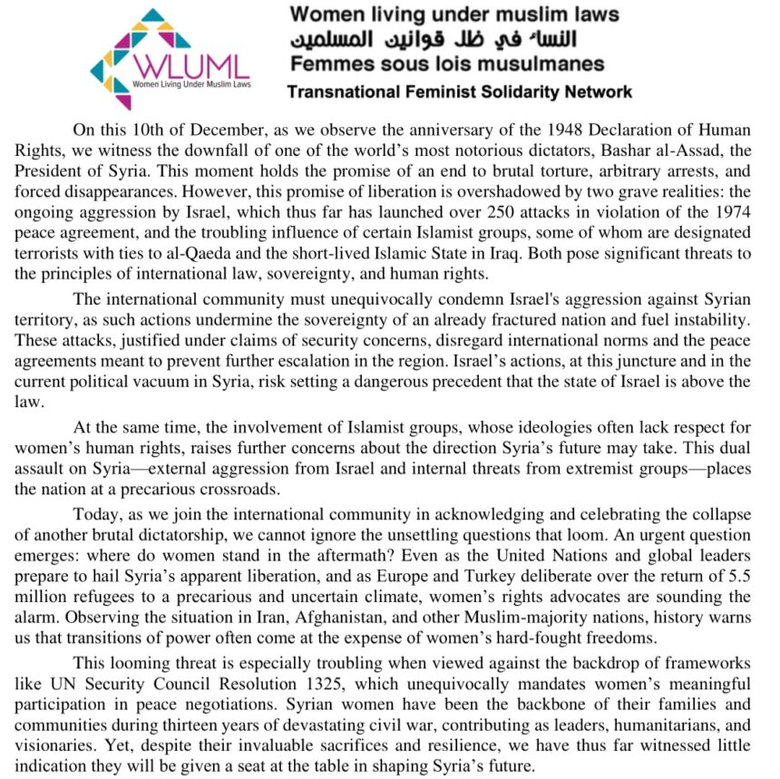 WLUML’s statement on Syrian liberation