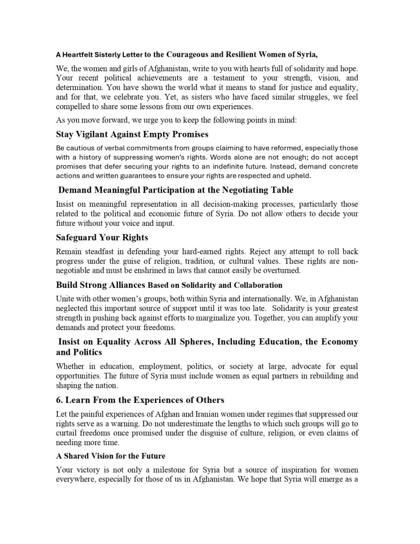 Heartfelt Sisterly Letter to the Courageous and Resilient Women of Syria